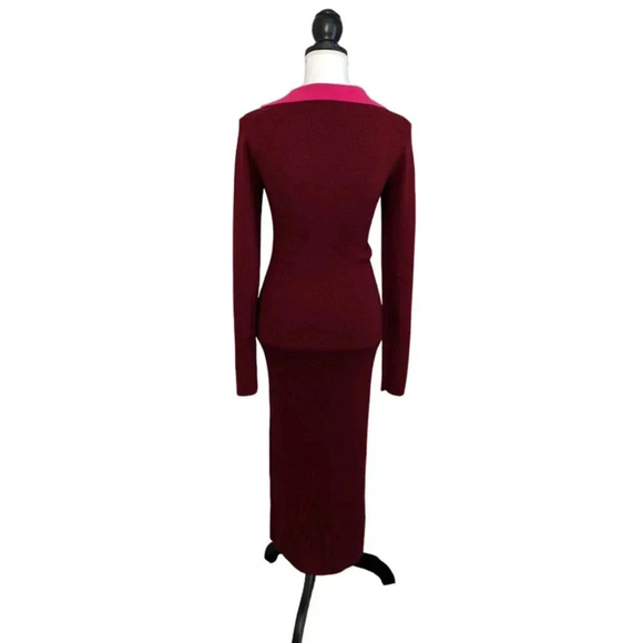 Naadam Burgundy Red Ribbed V Neck Collared Midi Dress Size Small Long Sleeve - Picture 2 of 8